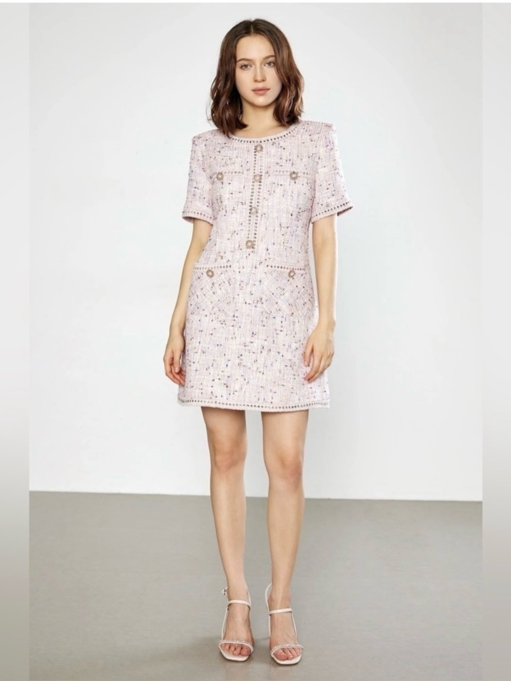 Elegant Pink Tweed Dress with Pearl Buttons